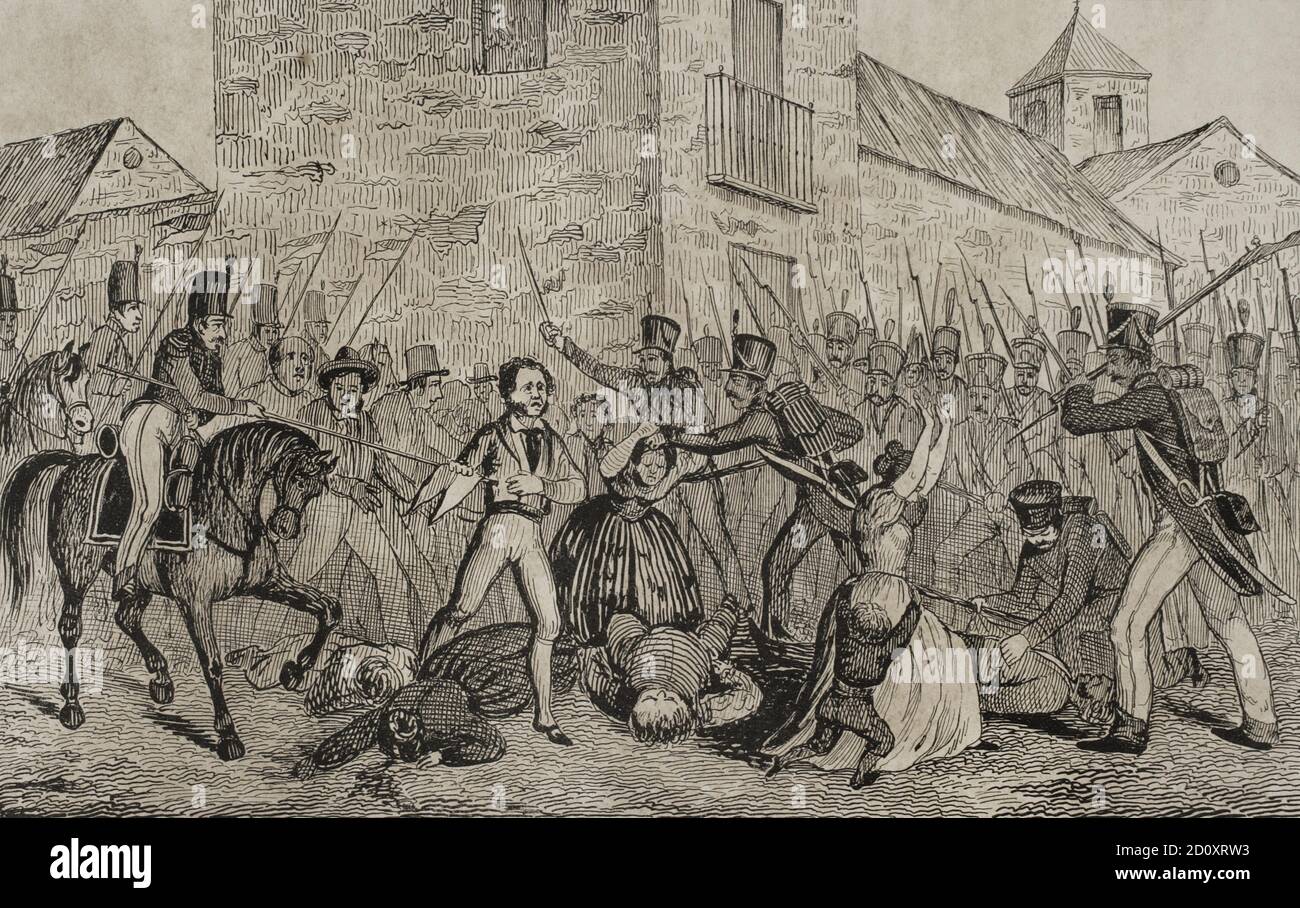 Guerra de la Independencia (1808-1814). Sitio de Tarragona (1811). Enfrentó a las tropas francesas al modo del General Suchet con las españolas diridas por Juan Senen de Contreras, gobernador militar de la ciudad. Los hechos tuvieron lugar entre el 5 de mayo y el 29 de junio de 1811, finalizando con la ocupación francesa de la ciudad. Tarragona permaneció bajo poder francés hasta la retirada de Suchet el 13 de agosto de 1813. Salato de Tarragona. Ilustración por Francisco Pérez. Grado. Guerra y Revolución de España, por el Conde de Toreno. Madrid,1851. Foto Stock