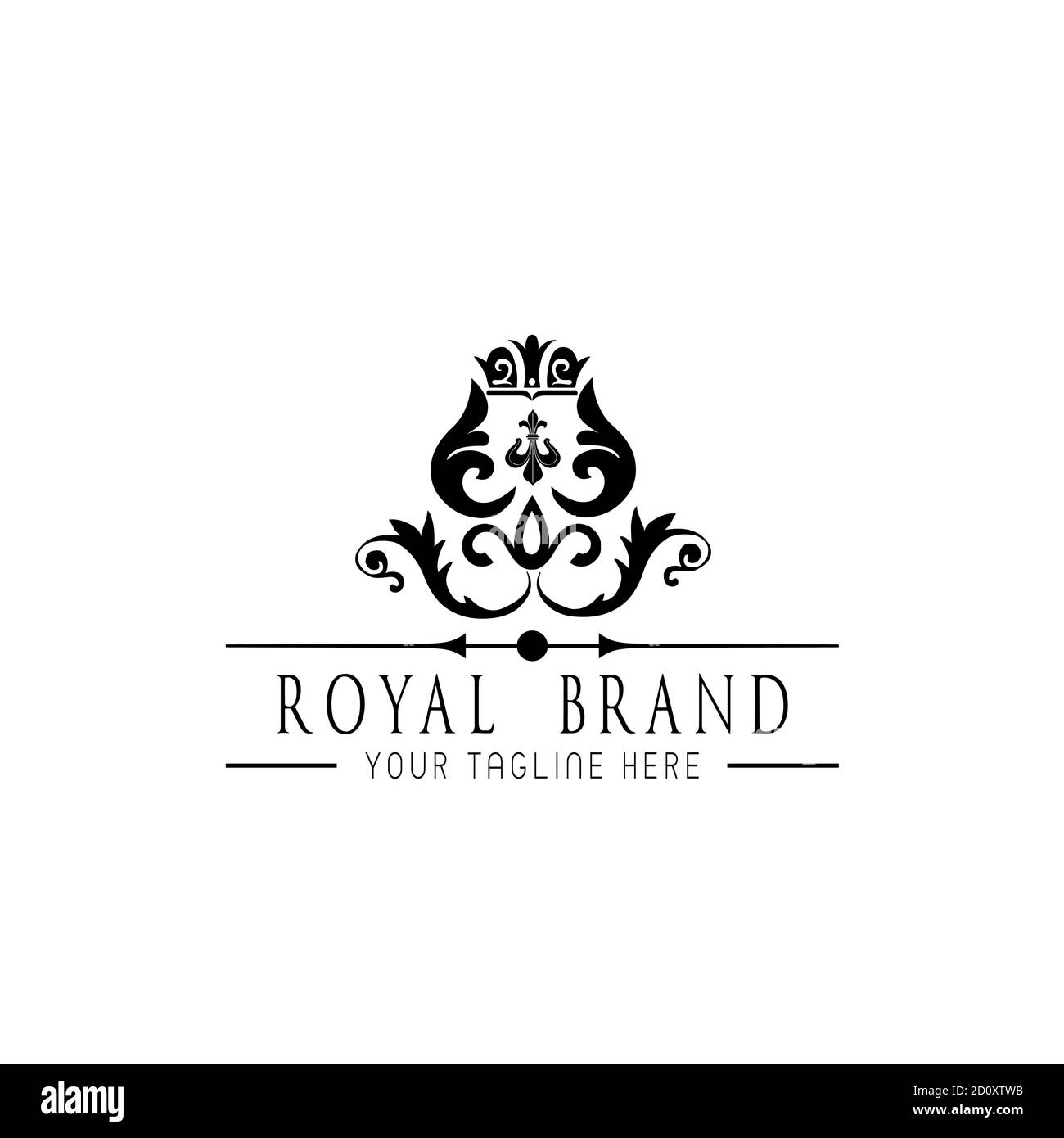 Marchio reale e di lusso illustrazione del marchio vettoriale logo design vecchio segno king e simboli premium lusso icona hotel vip. Illustrazione Vettoriale