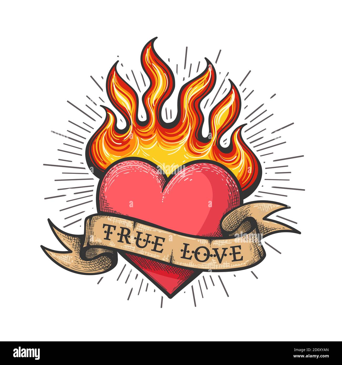 Tattoo cuore fiammeggiante con nastro con scritta True Love. Tatuaggio  stile vecchia scuola. Illustrazione vettoriale Immagine e Vettoriale - Alamy