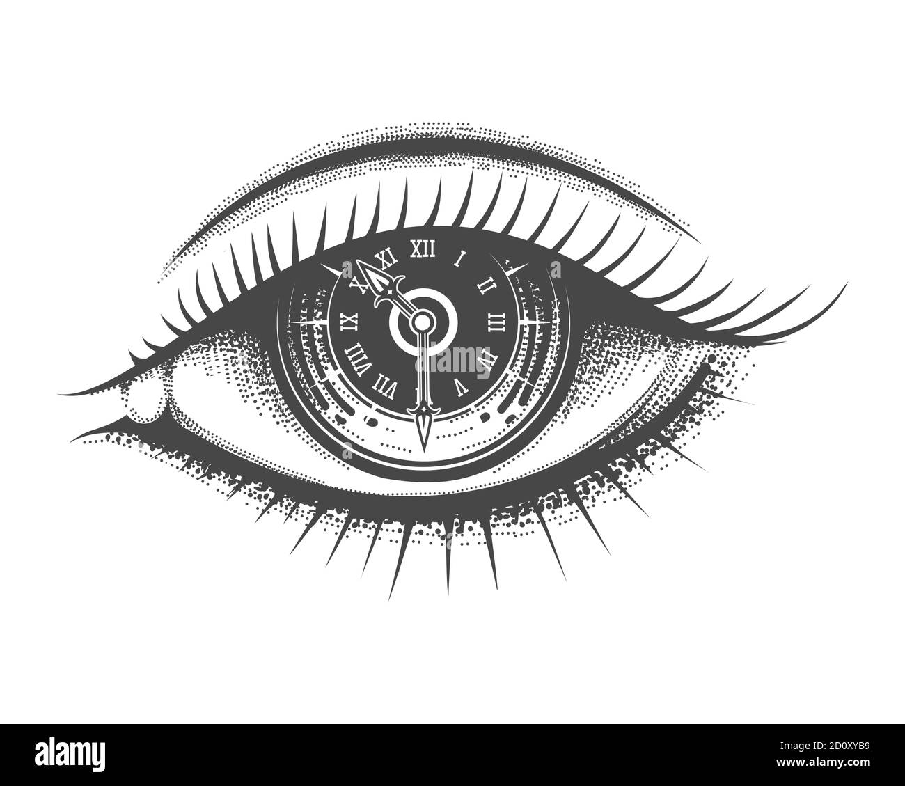 Occhio umano disegnato a mano con quadrante dell'orologio all'interno della pupilla. Illustrazione vettoriale. Illustrazione Vettoriale