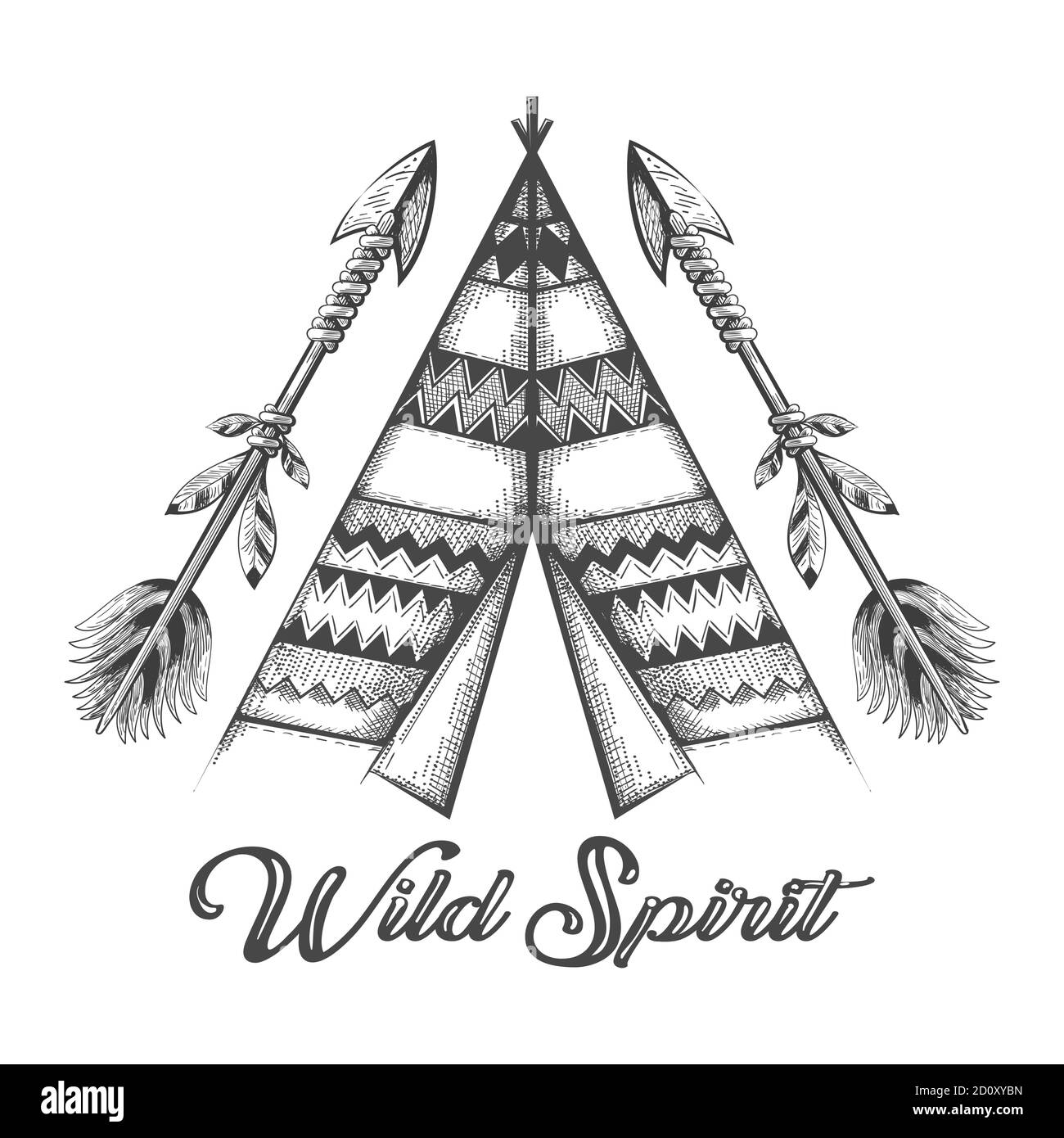 Wigwam e tatuaggio tribale a freccia disegnati a mano. Wigwam disegno ornamentale. Illustrazione vettoriale Illustrazione Vettoriale