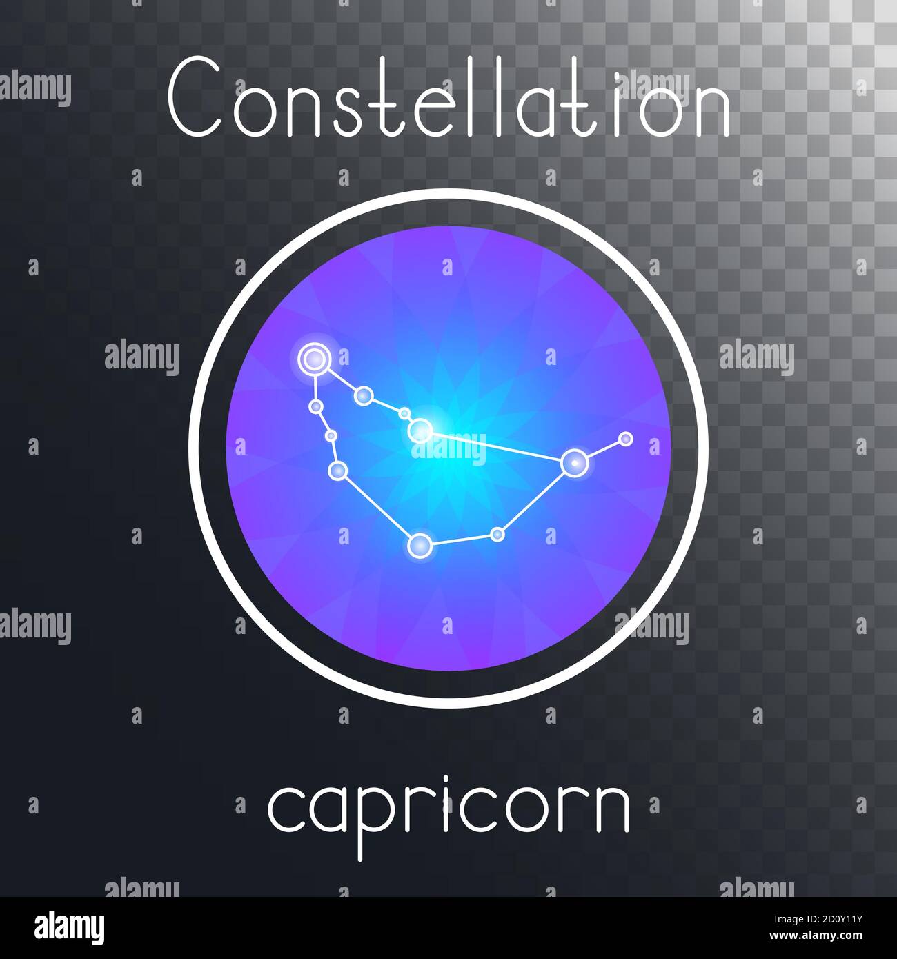 Icona circolare vettoriale con costellazione zodiaca CAPRICORNO su sfondo trasparente con iscrizione. Colorato. Illustrazione Vettoriale