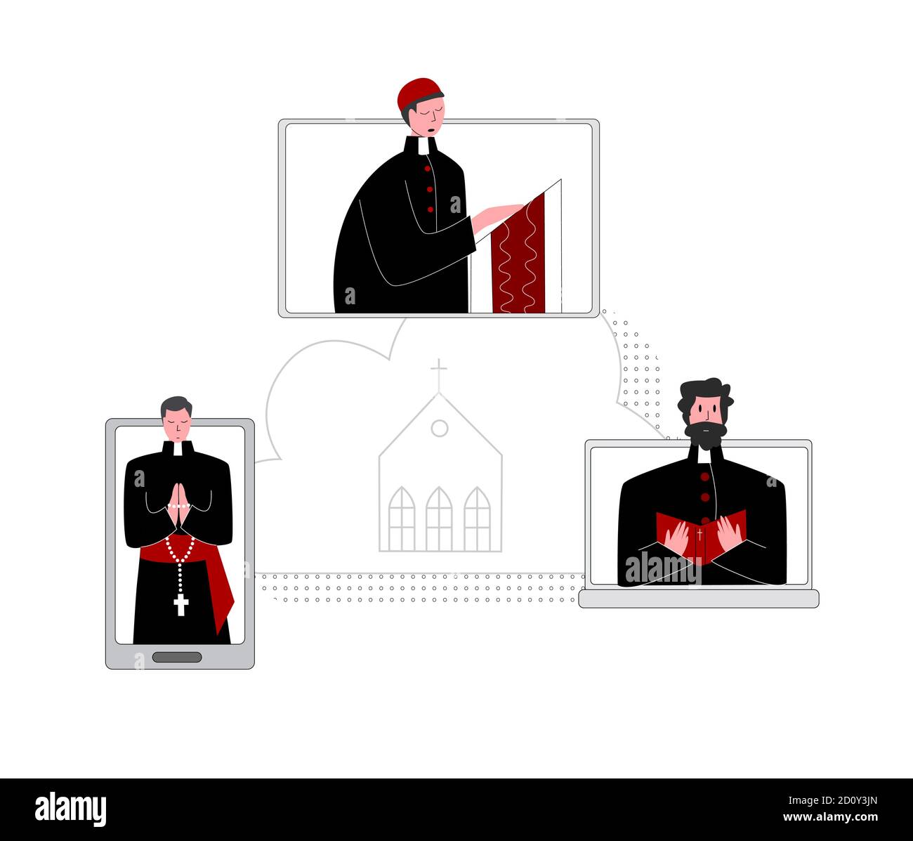 Vettore piatto illustrazione sacerdote che prega sulla Bibbia online Illustrazione Vettoriale