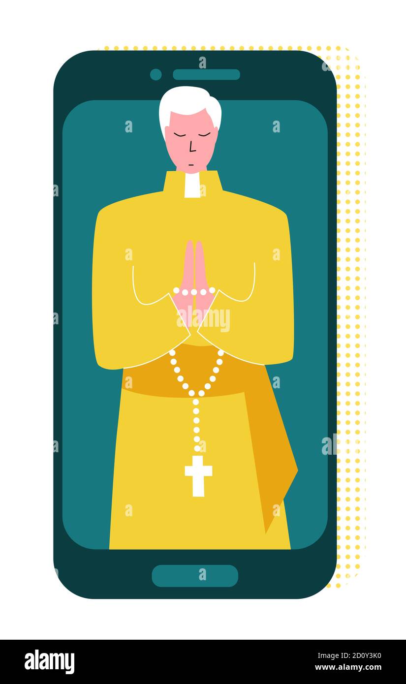 Vettore piatto illustrazione sacerdote che prega sulla Bibbia online Illustrazione Vettoriale