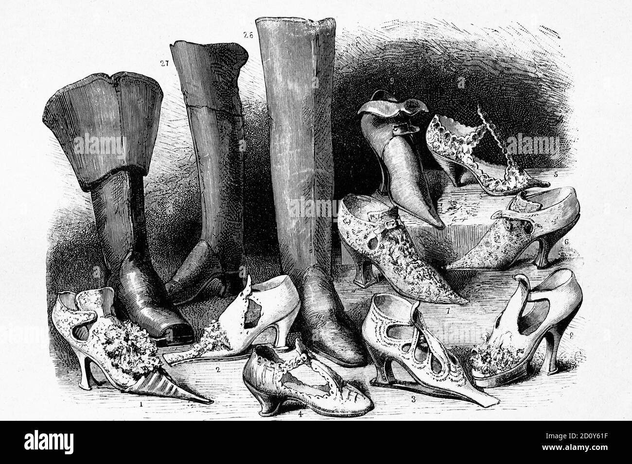 Museo Cluny, Parigi, collezione di scarpe d'antiquariato. Illustrazione antica. 1886. Foto Stock