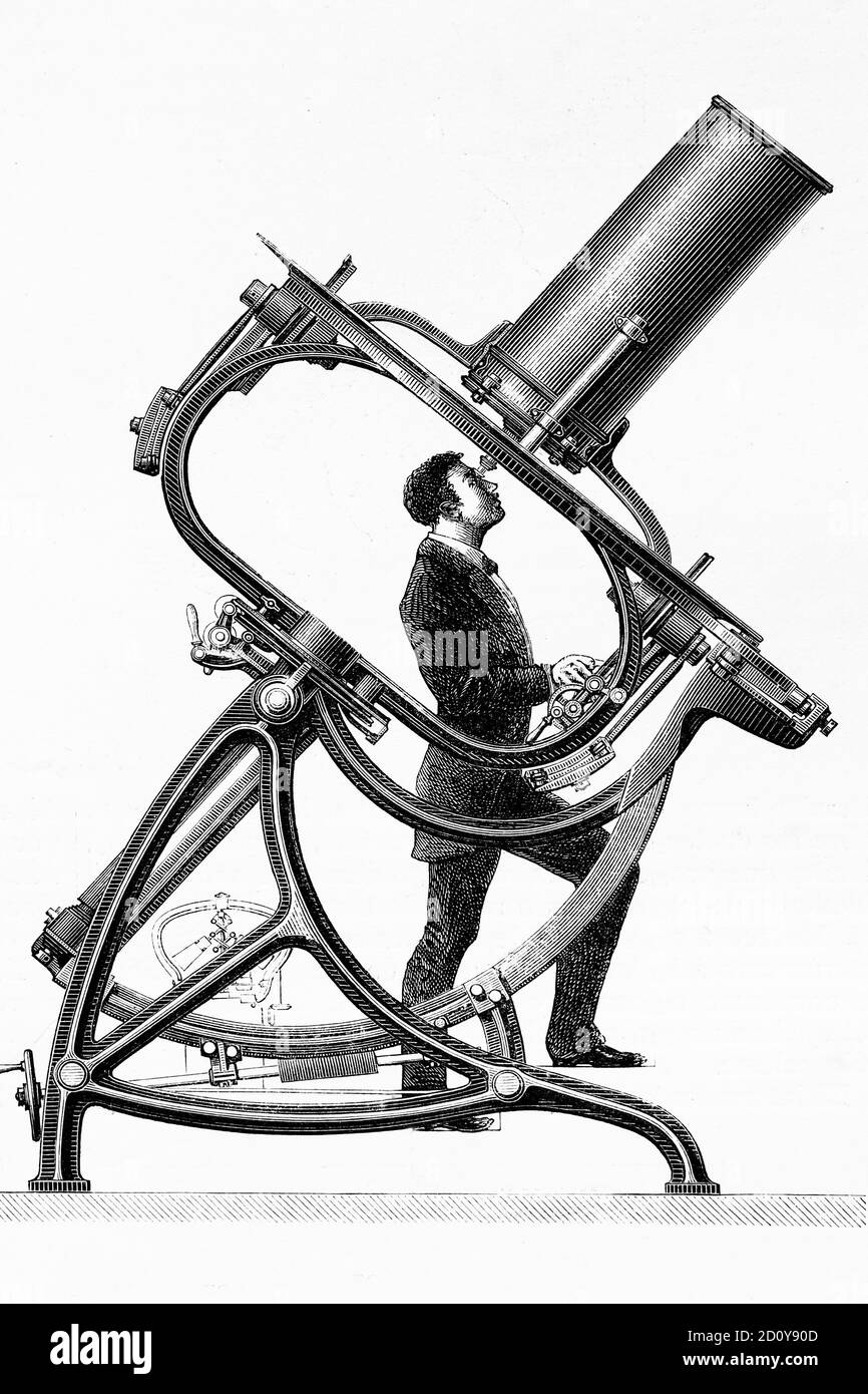 Telescopio a fuoco corto Jaubert. Parigi, Osservatorio Astronomico Trocadero. Illustrazione antica. 1882. Foto Stock