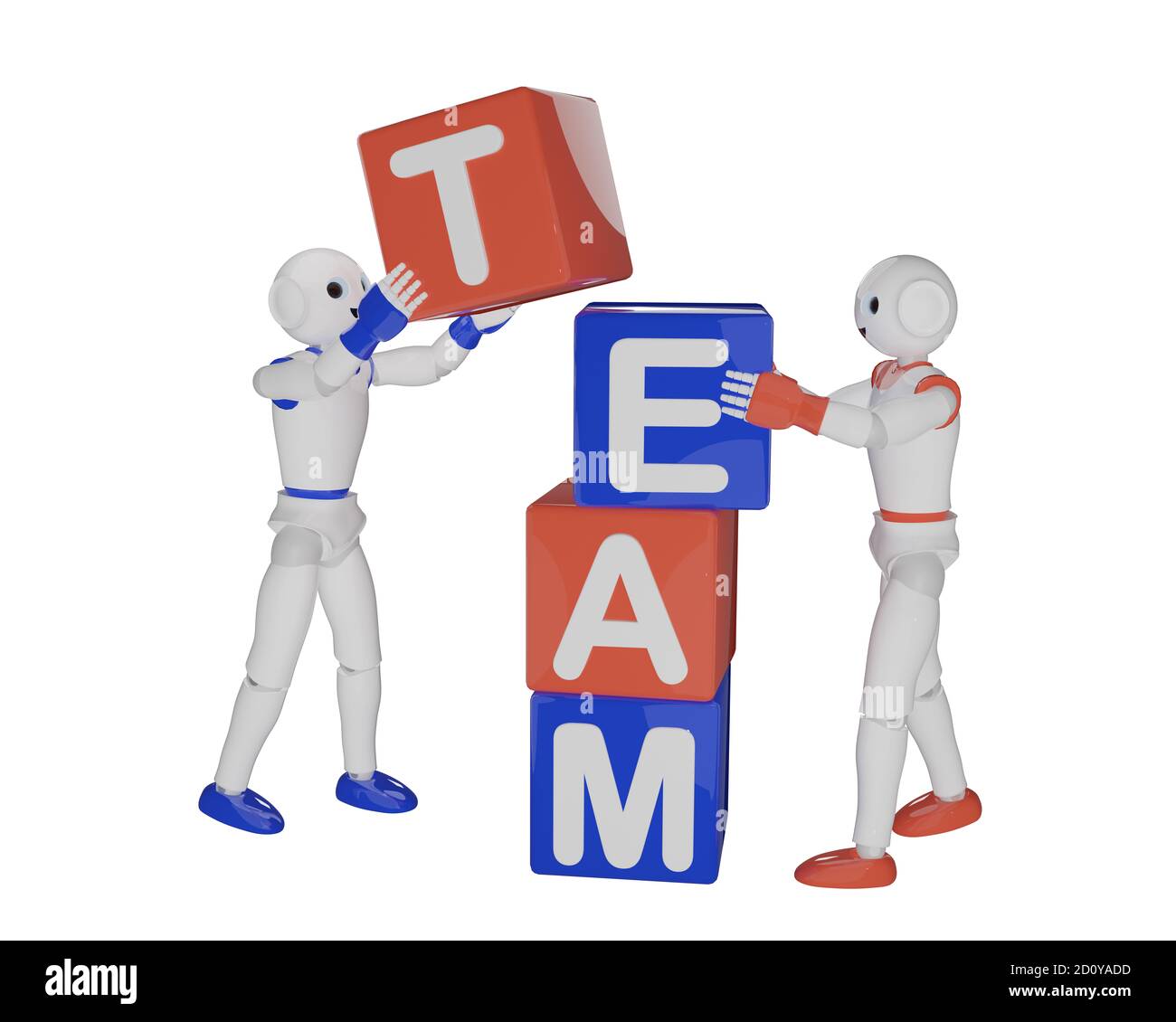 due robot costruiscono una pila di cubi di lettera che compongono la squadra di parola. rendering 3d Foto Stock