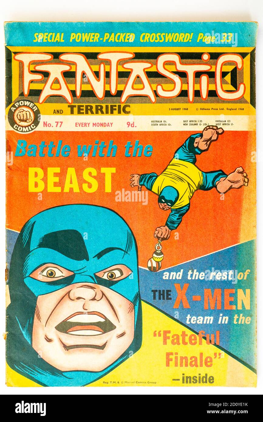 Copertina comica fantastica per bambini del 1968. Con gli X-MEN sulla copertina che si scontrano con la Bestia. Foto Stock