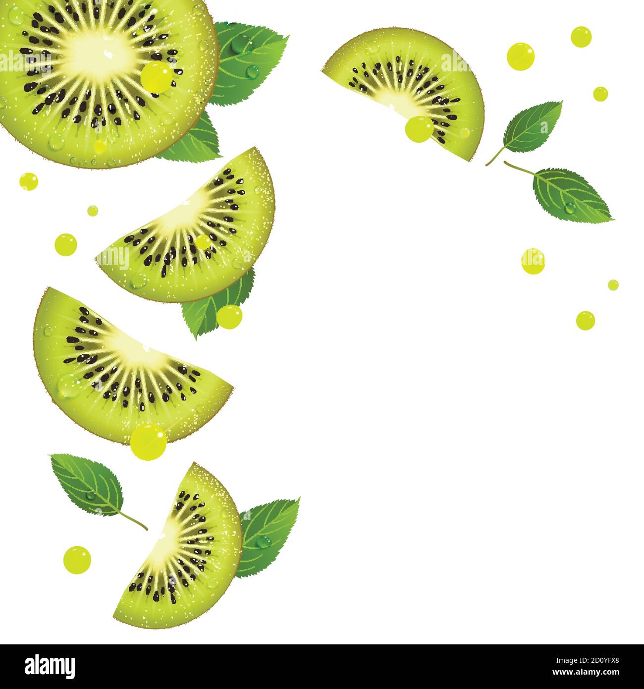sfondo di succose fette di kiwi e schizzi di succo su uno sfondo bianco Illustrazione Vettoriale