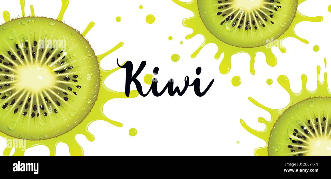 striscione con succosa frutta kiwi e spruzzi di succo sopra uno sfondo bianco Illustrazione Vettoriale