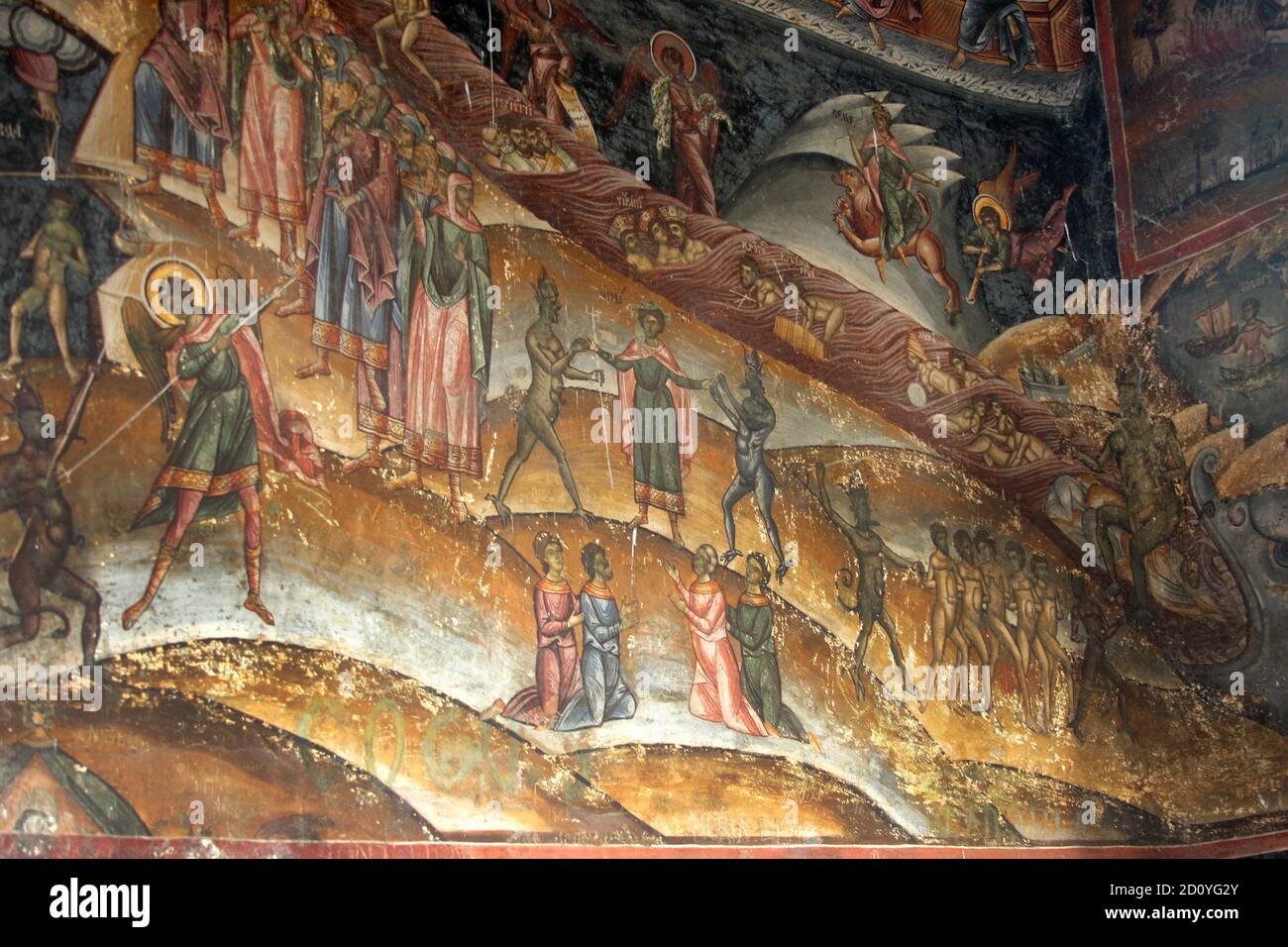 Monastero di Cozia, Contea di Valcea, Romania. Affresco del XIV secolo raffigurante il Giudizio universale. Foto Stock