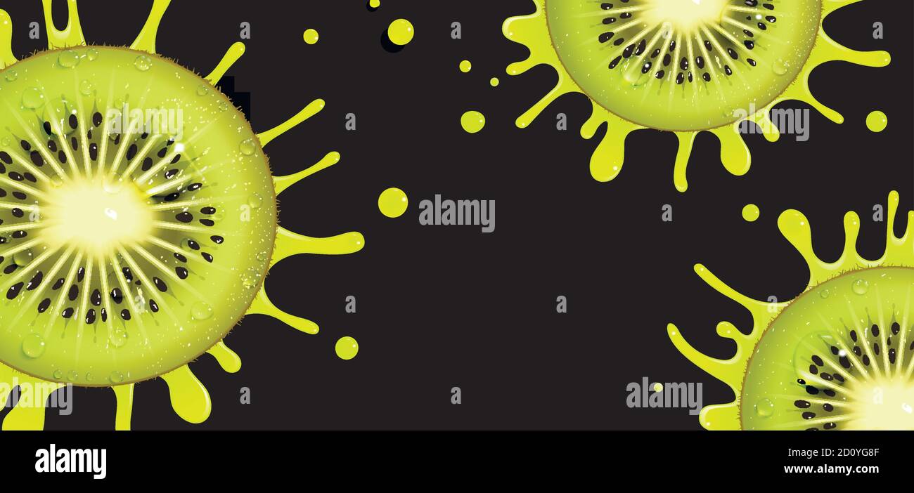 striscione con succosa frutta kiwi su sfondo nero Illustrazione Vettoriale