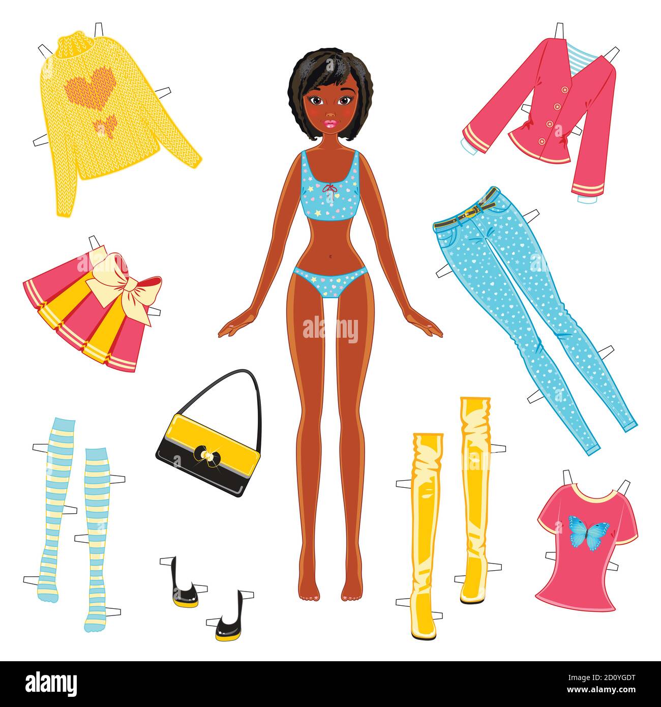 Bambola di carta ragazza afroamericana con un set di vestiti su sfondo bianco Illustrazione Vettoriale