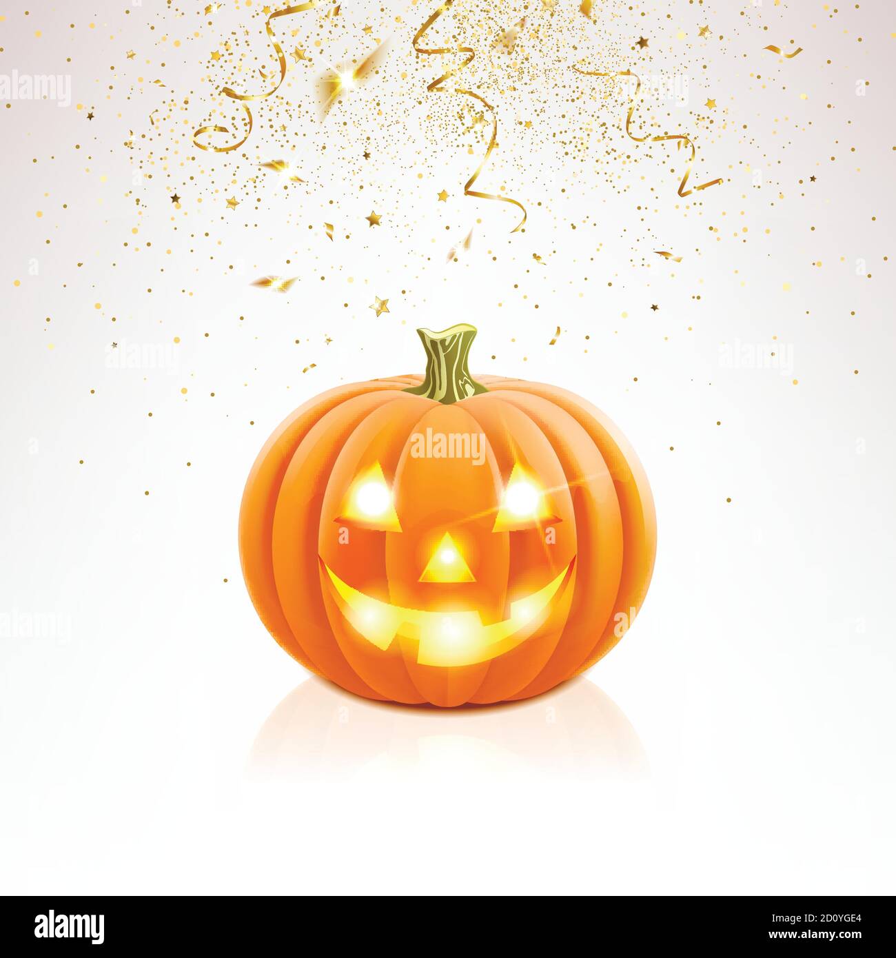 Zucca di Halloween e confetti dorati cadenti su uno sfondo chiaro Illustrazione Vettoriale