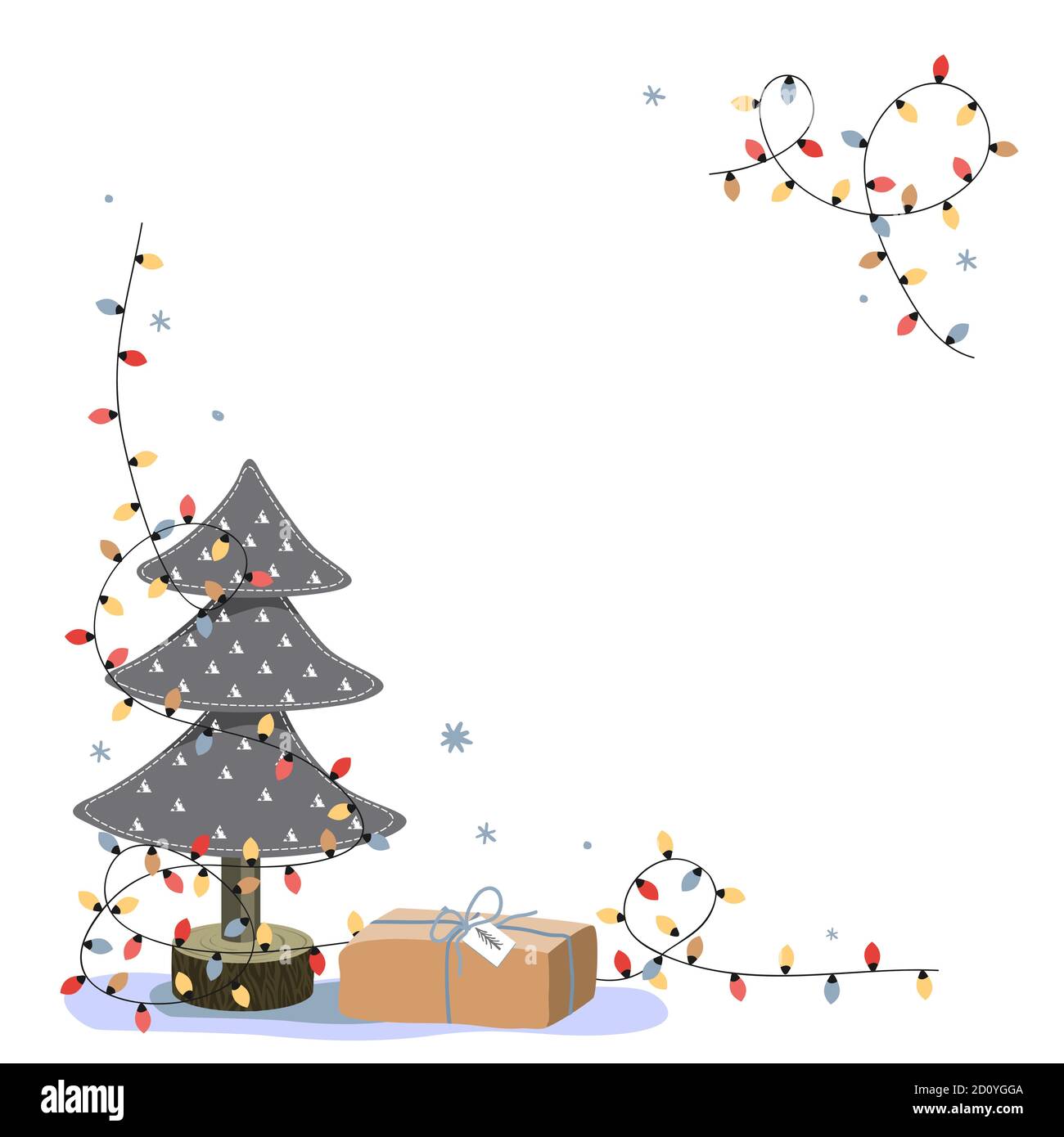 Corner di Natale con posto per il testo. Albero in feltro in miniatura, scatola regalo e luci luminose su sfondo bianco. Biglietto d'auguri per le festività Illustrazione Vettoriale