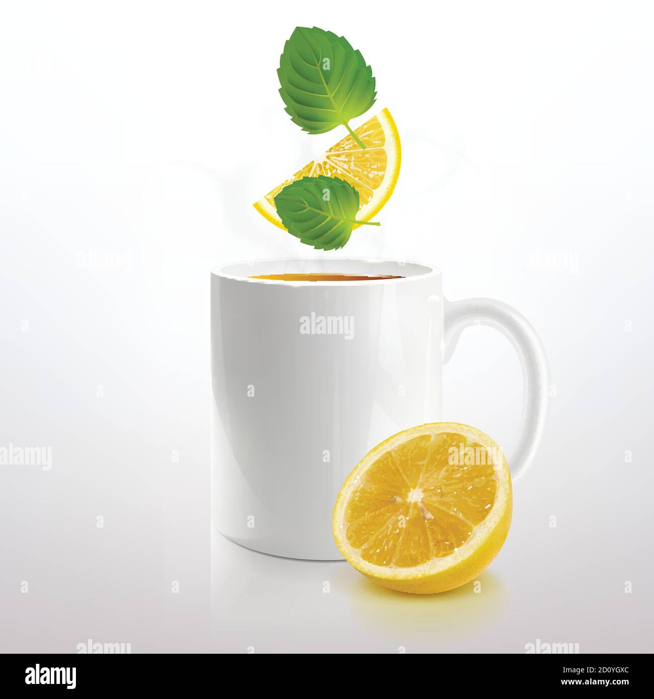 tazza bianca di tè con menta e limone su a. sfondo chiaro Illustrazione Vettoriale