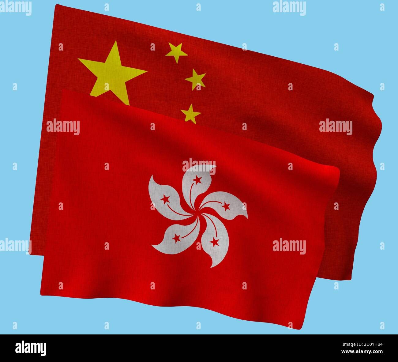 Illustrazione in 3D delle bandiere di Cina e Hong Kong che sventolano nel vento su uno sfondo azzurro, isolato. Relazioni tra la Cina e Hong Kong. Foto Stock