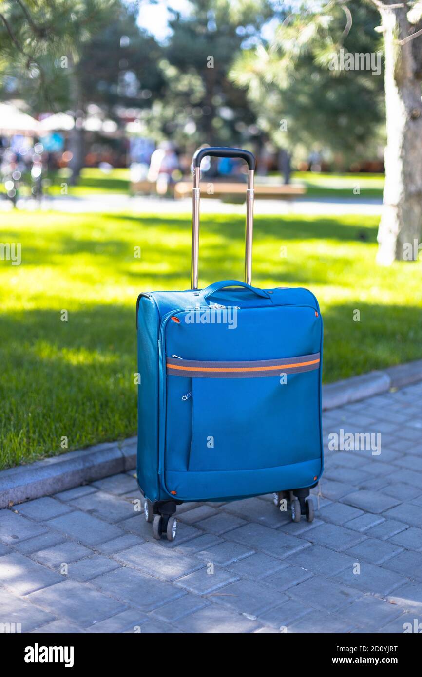 La valigia blu si trova nel parco in una soleggiata giornata estiva.  Orientamento verticale della foto. Viaggio in vacanza con la famiglia Foto  stock - Alamy