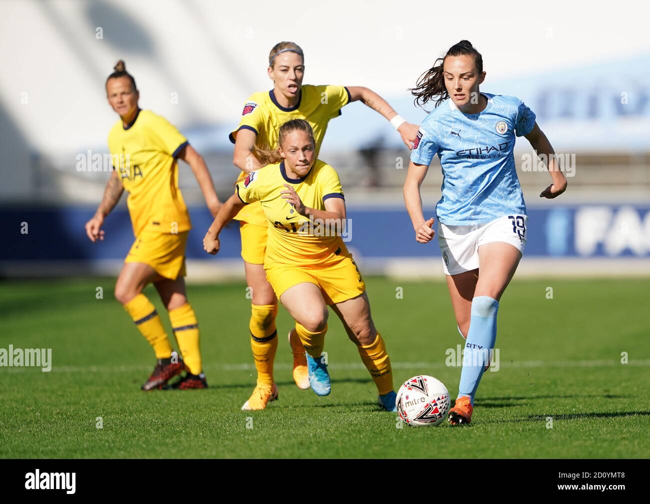 Caroline Weir di Manchester City (a destra) durante la partita della Barclays fa Women's Super League all'Academy Stadium di Manchester. Foto Stock