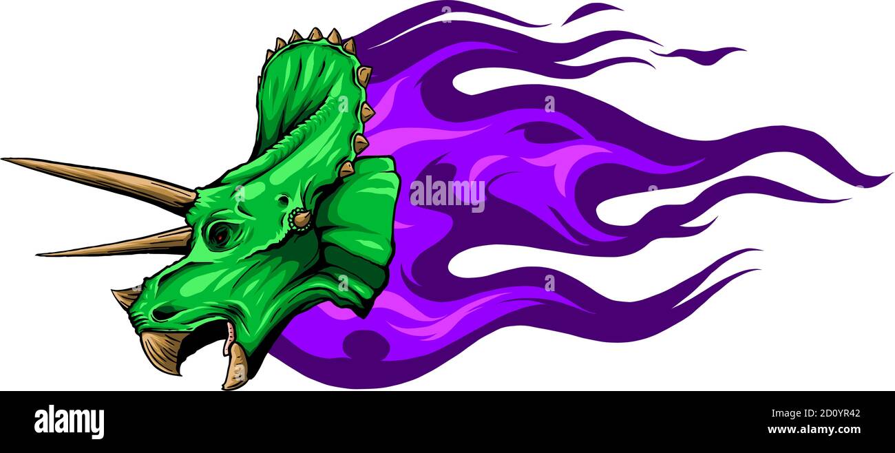 Illustrazione vettoriale triceratops con fiamma. Disegno art Illustrazione Vettoriale