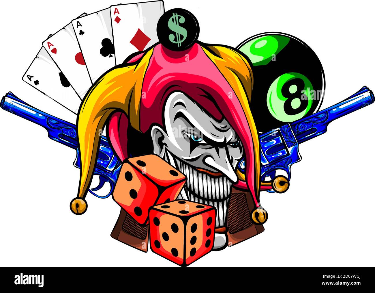 Vettore mano disegnata illustrazione di arrabbiato clown con pistole isolate. Illustrazione Vettoriale