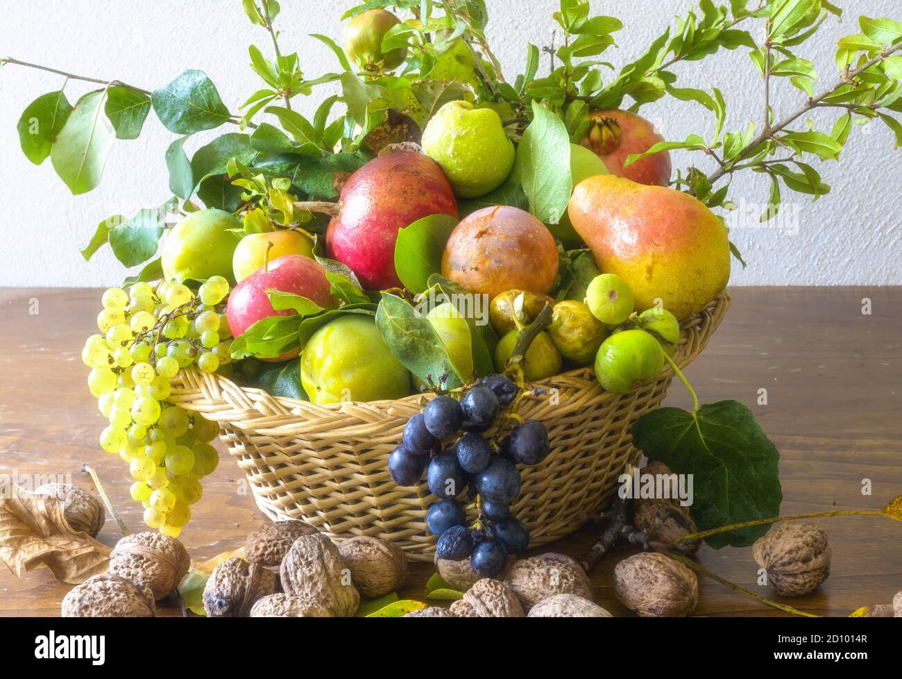 Concetto di natura autunnale, splendido assortimento di frutta in un cesto su un tavolo di legno. Composizione di una varietà di frutti organici crudi. Foto Stock
