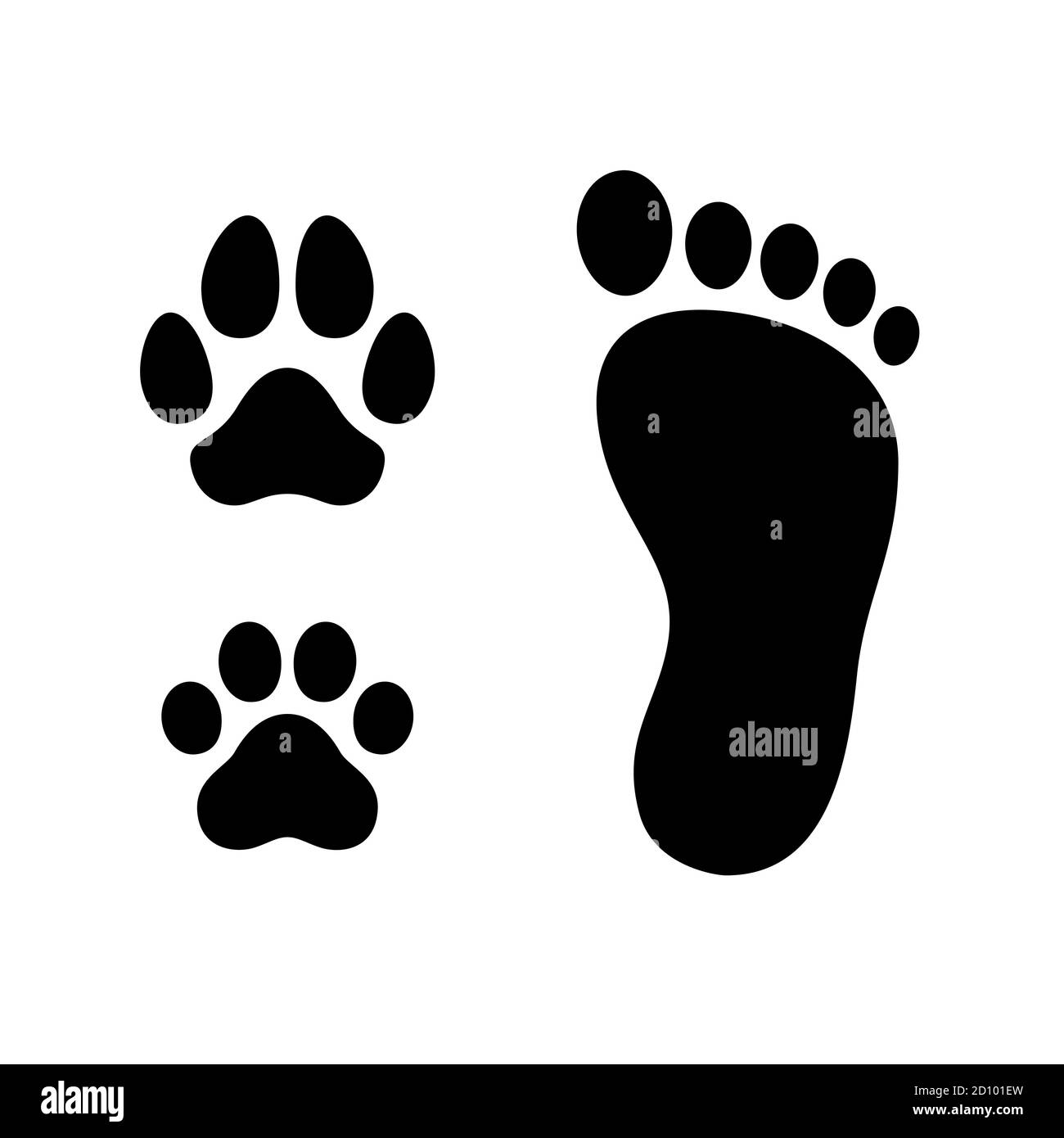 Piede umano con cane e gatto zampa simbolo di stampa. Semplice set di icone con silhouette cartoon, elementi di design con logo. Bianco e nero isolato vettore clip art illus Illustrazione Vettoriale