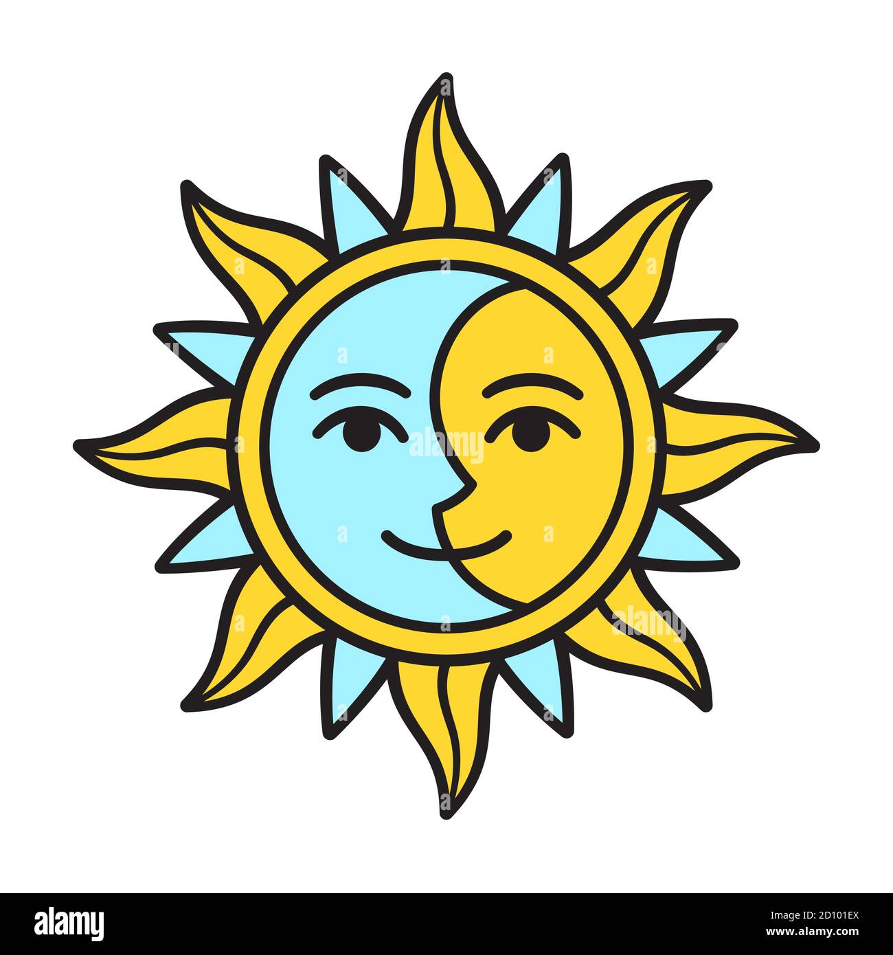 Metà del sole stilizzato mezza luna faccia, disegno semplice carino. Giorno e notte, equilibrio e unità simbolo. Immagine vettoriale clip art. Illustrazione Vettoriale