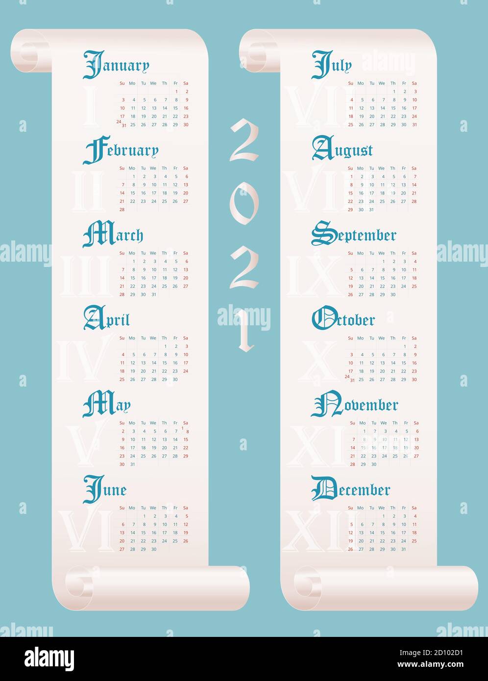 2021 modello di calendario. 12 mesi su parchments. Modello vettoriale modificabile 10 EPS. Poster verticale, banner, Web Illustrazione Vettoriale