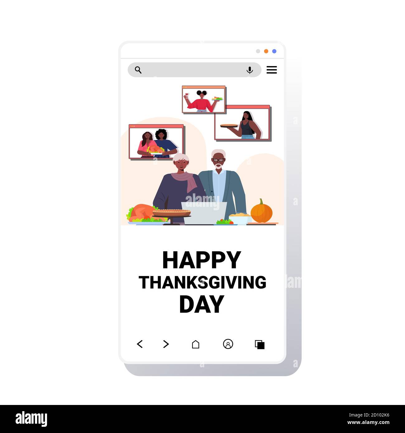 i nonni discutono con i bambini durante la videochiamata celebrando il ringraziamento felice illustrazione vettoriale dello schermo dello smartphone del concetto di autoisolamento delle comunicazioni online diurno Illustrazione Vettoriale