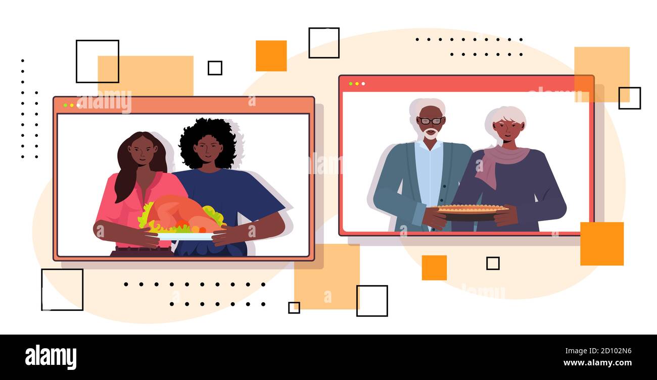 felice giorno di ringraziamento in browser web finestre nonni discutere con bambini durante la videochiamata concetto di autoisolamento vettore verticale orizzontale illustrazione Illustrazione Vettoriale