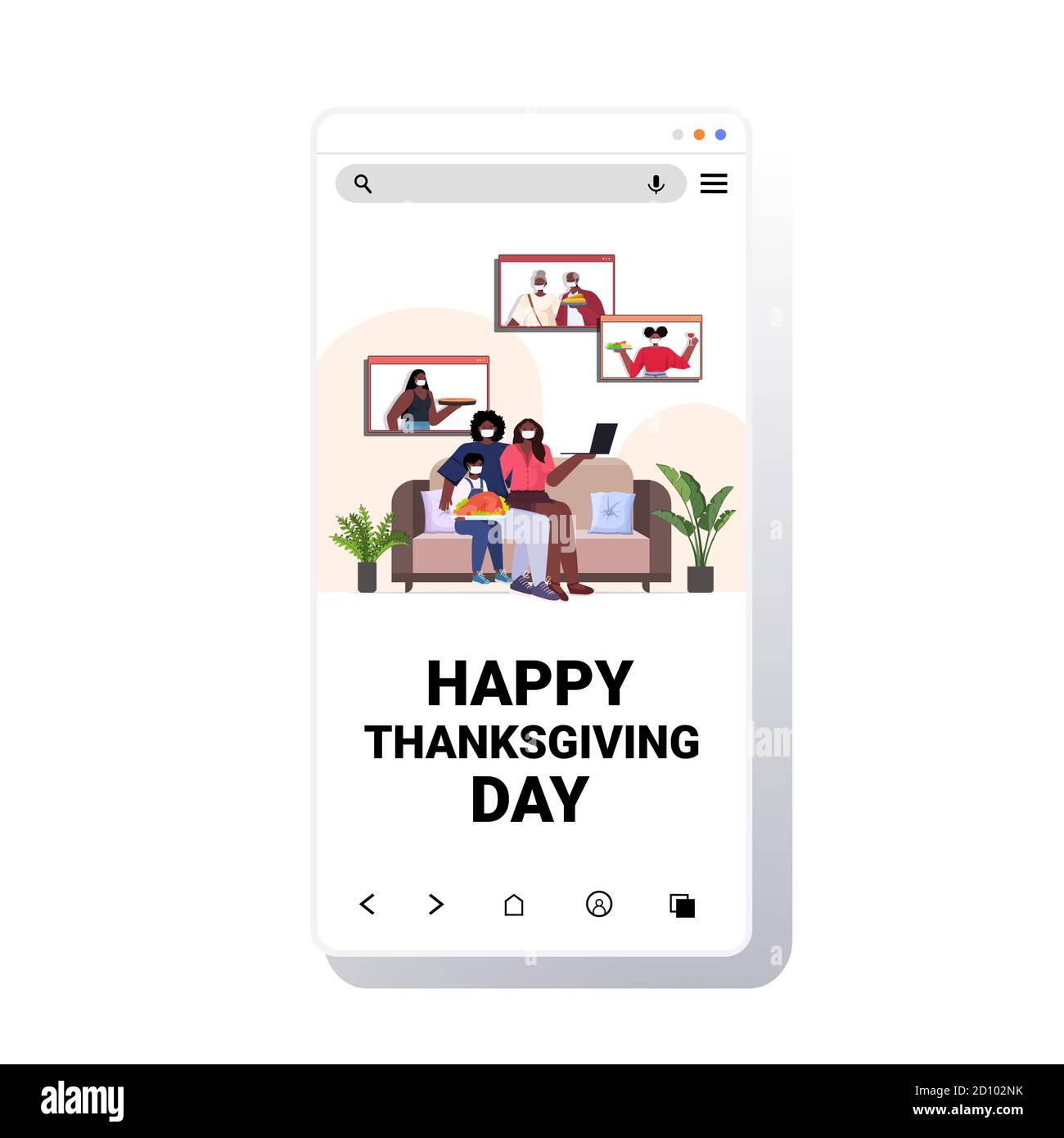 genitori e figli che discutono con i nonni durante la videochiamata con la famiglia festeggiando felice giorno di ringraziamento on-line concetto di autoisolamento comunicazione smartphone immagine vettoriale dello schermo Illustrazione Vettoriale