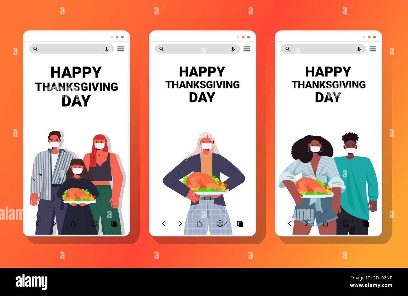 impostare le persone in maschere per celebrare felice giorno di ringraziamento mix gara uomini donne che tengono arrostito turchia coronavirus concetto di quarantena schermi smartphone raccolta immagine vettoriale verticale orizzontale Illustrazione Vettoriale