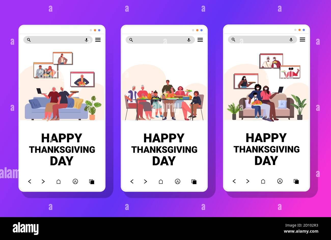 set mix di persone di gara festeggiando felice giorno di ringraziamento di famiglia discutere durante la videochiamata, il concetto di autoisolamento delle comunicazioni online viene utilizzato dalle schermate dello smartphone illustrazione vettoriale orizzontale della raccolta Illustrazione Vettoriale