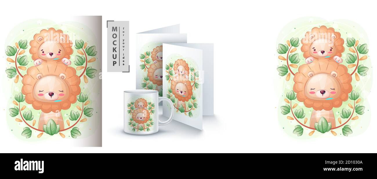 Leone carino con poster per bambini e merchandising. Illustrazione Vettoriale