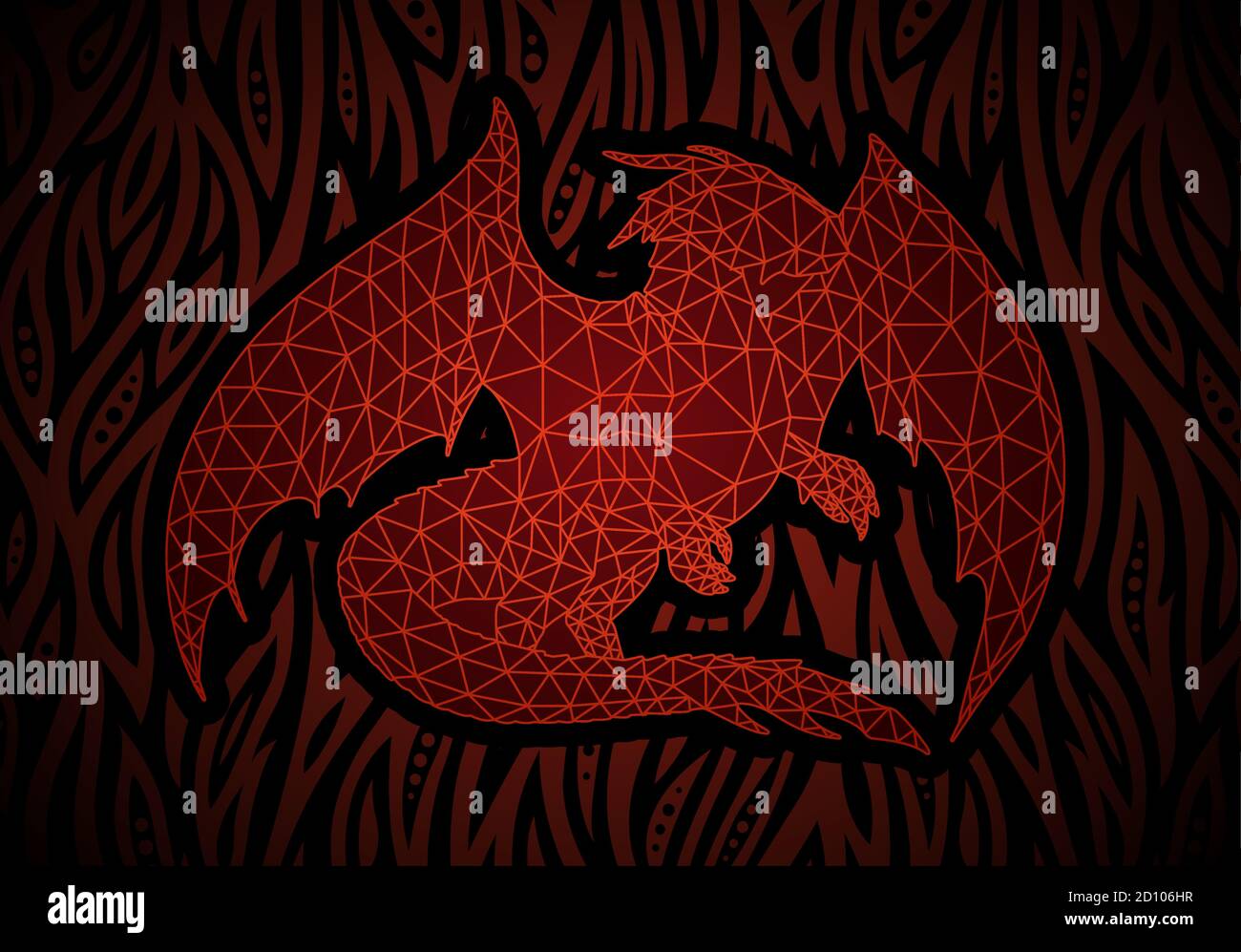 Bella illustrazione fantasy astratta con la silhouette del drago rosso su fiammeggiante sfondo Illustrazione Vettoriale