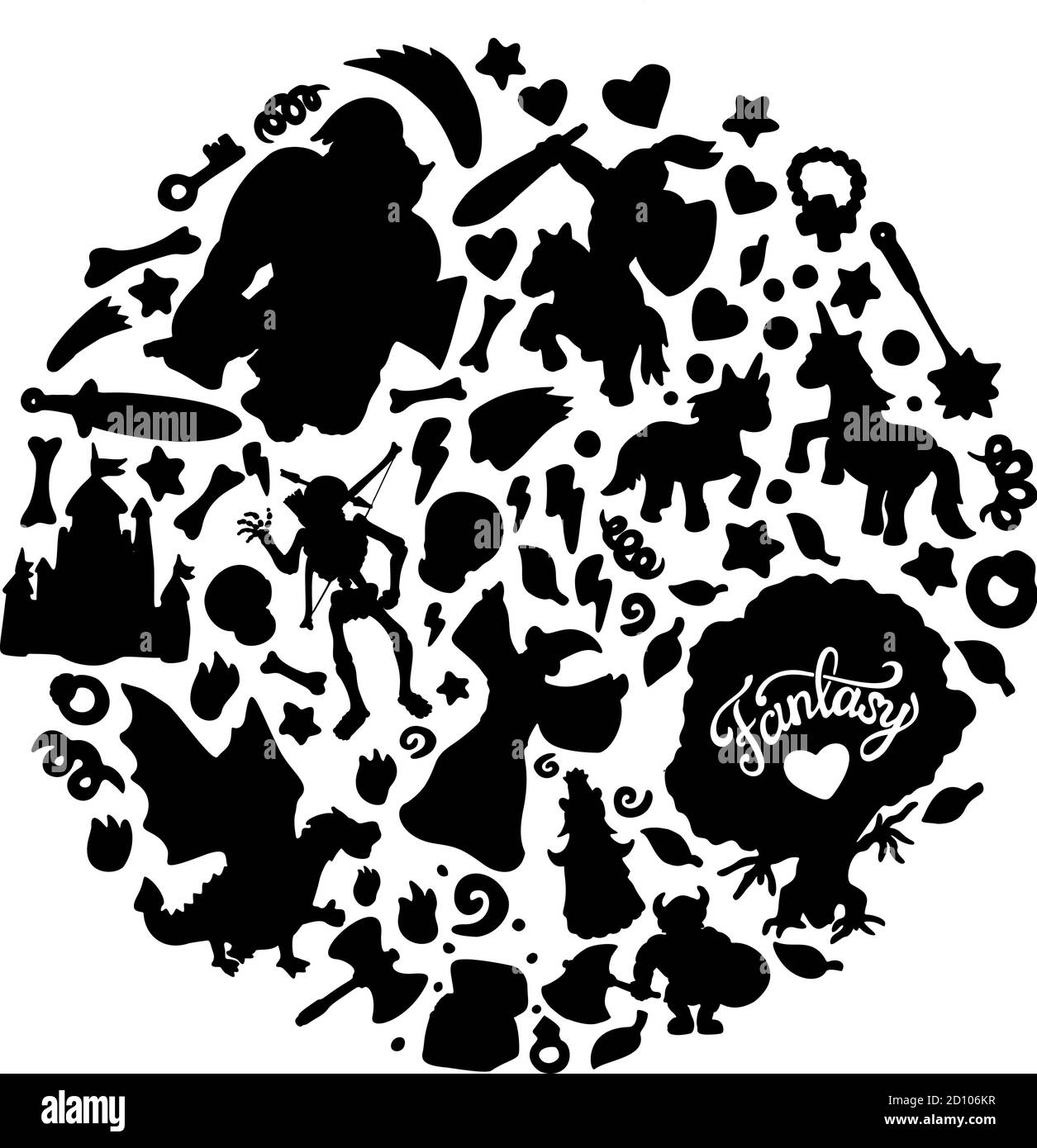 Splendido set con silhouette nere di cartoni animati di personaggi creature e. altri oggetti fantasy su sfondo bianco Illustrazione Vettoriale