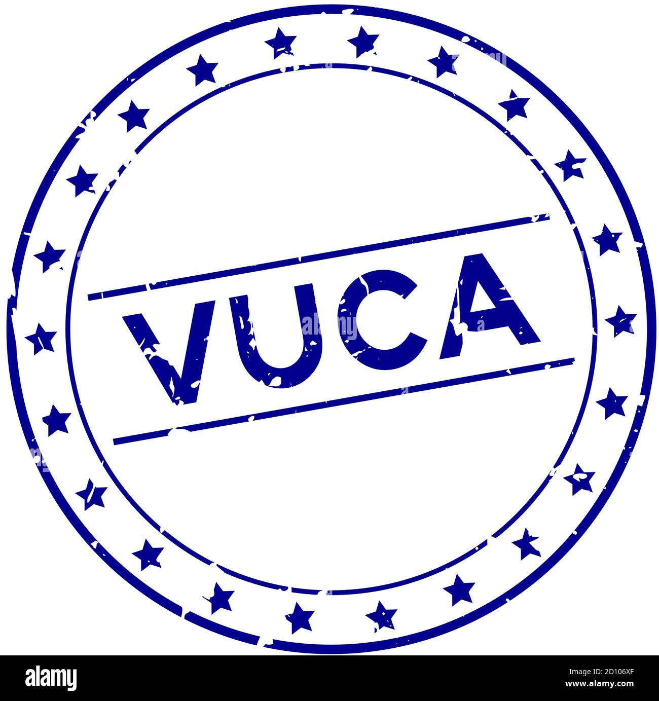 Grunge blu vuca (abbreviazione di volatilità, incertezza, complessità e ambiguità) parola rotondo gomma sigillo timbro su sfondo bianco Illustrazione Vettoriale