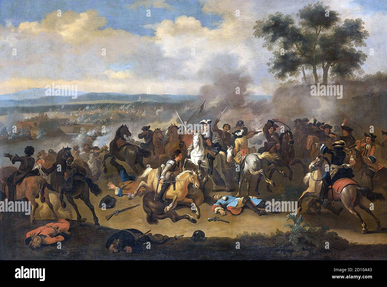 Battaglia del Boyne tra Giacomo II e Guglielmo III, 11 luglio 1690, creata tra il 1690 e il 1733 da Jan van Huchtenburg. La battaglia del Boyne fu una battaglia nel 1690 tra le forze del deposto re Giacomo II d'Inghilterra e dell'Irlanda, VII di Scozia, contro quelle del re Guglielmo III che, con la moglie Regina Maria II (sua cugina e la figlia di Giacomo), Aveva aderito alle corone di Inghilterra e Scozia[b] nel 1689. La battaglia si è svolta attraverso il fiume Boyne vicino alla città di Drogheda nel Regno d'Irlanda, la moderna Repubblica d'Irlanda, e ha portato a una vittoria per William. Foto Stock