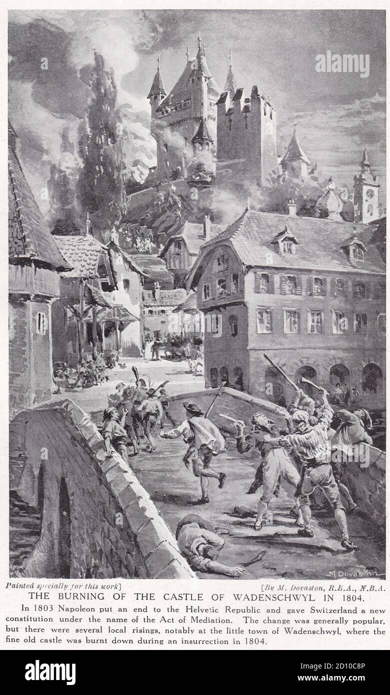 L'incendio del Castello di Wadenschwyl nel 1804 Foto Stock