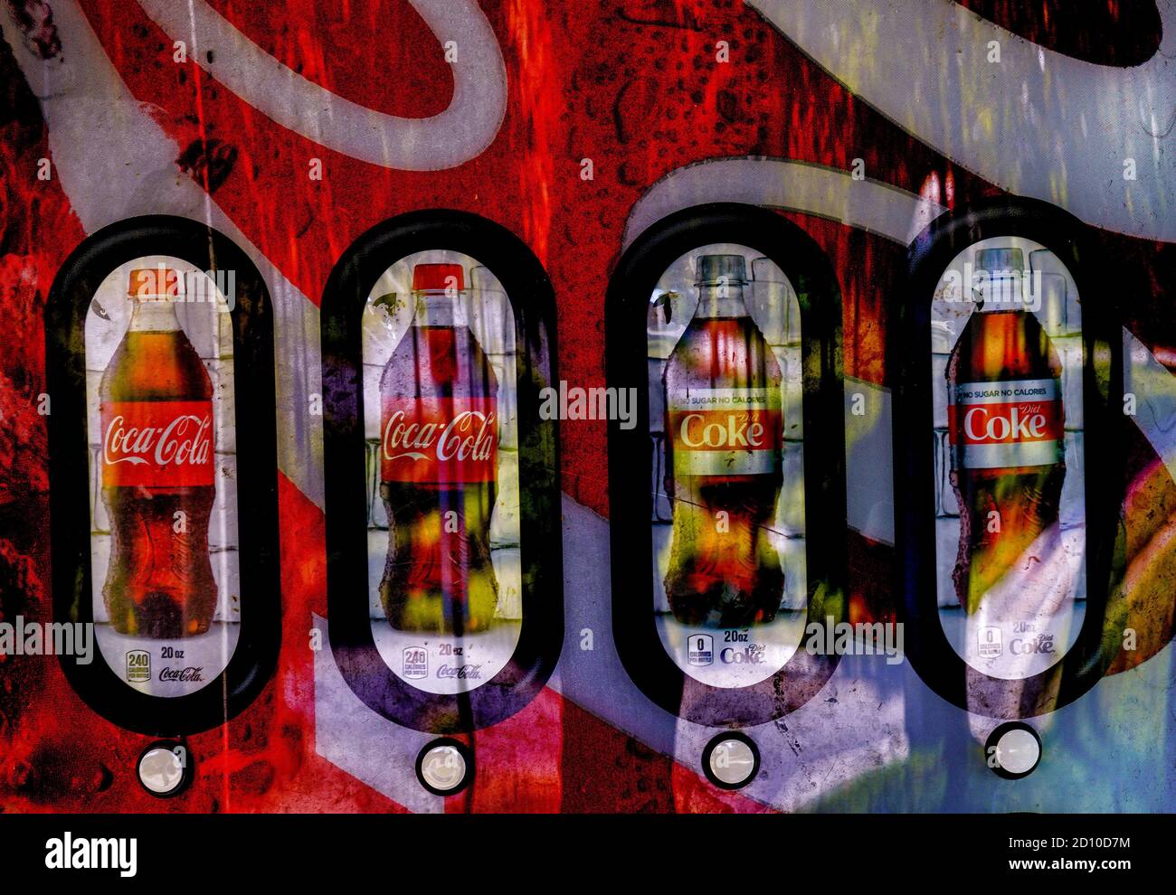 Zucchero in bottiglia, dettagli di un distributore automatico di bevande analcoliche. Foto Stock