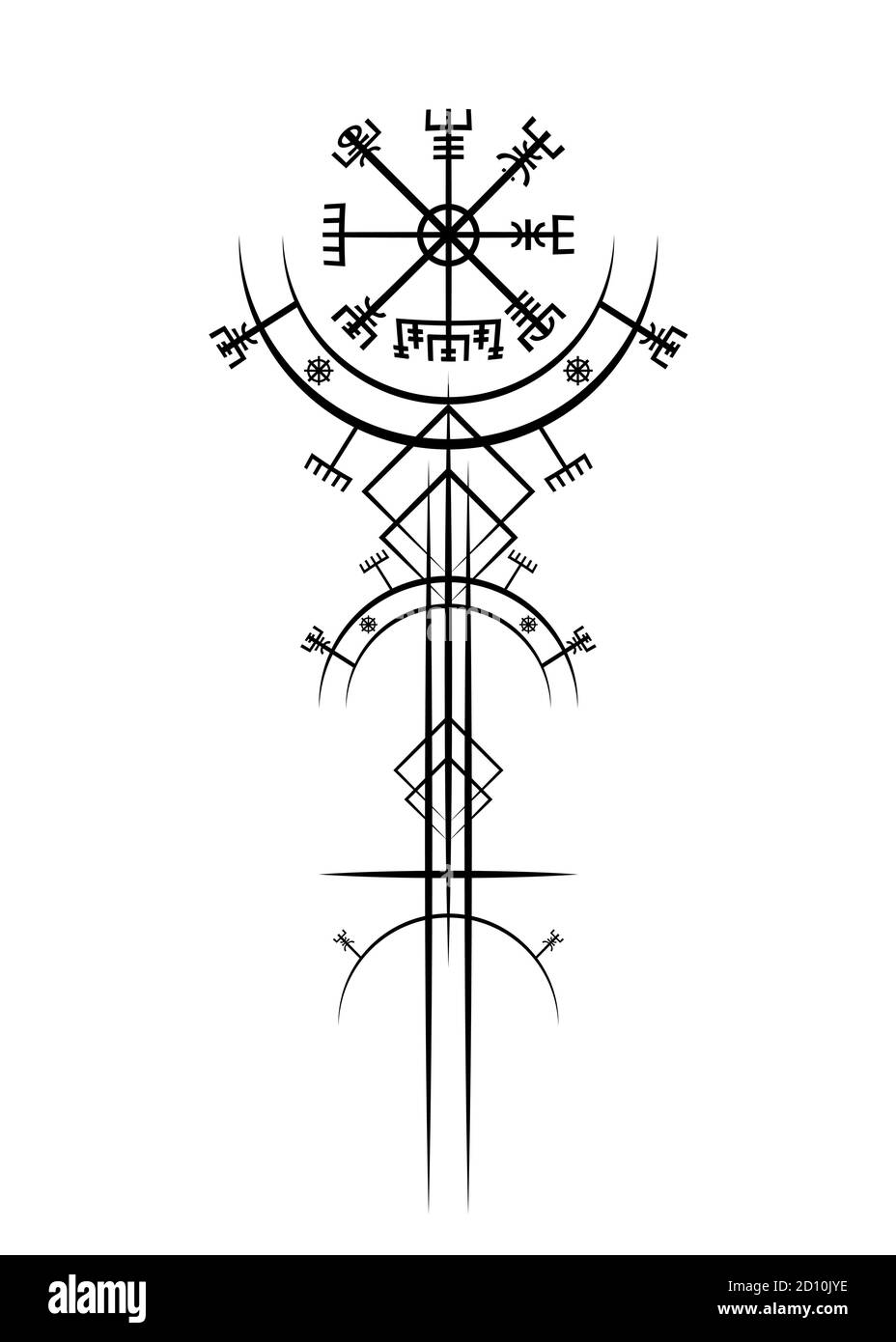 Magia antica vichinga art deco, Vegvisir navigazione magica bussola antica. I Vichinghi usarono molti simboli secondo il segno mitologico di Norse Illustrazione Vettoriale