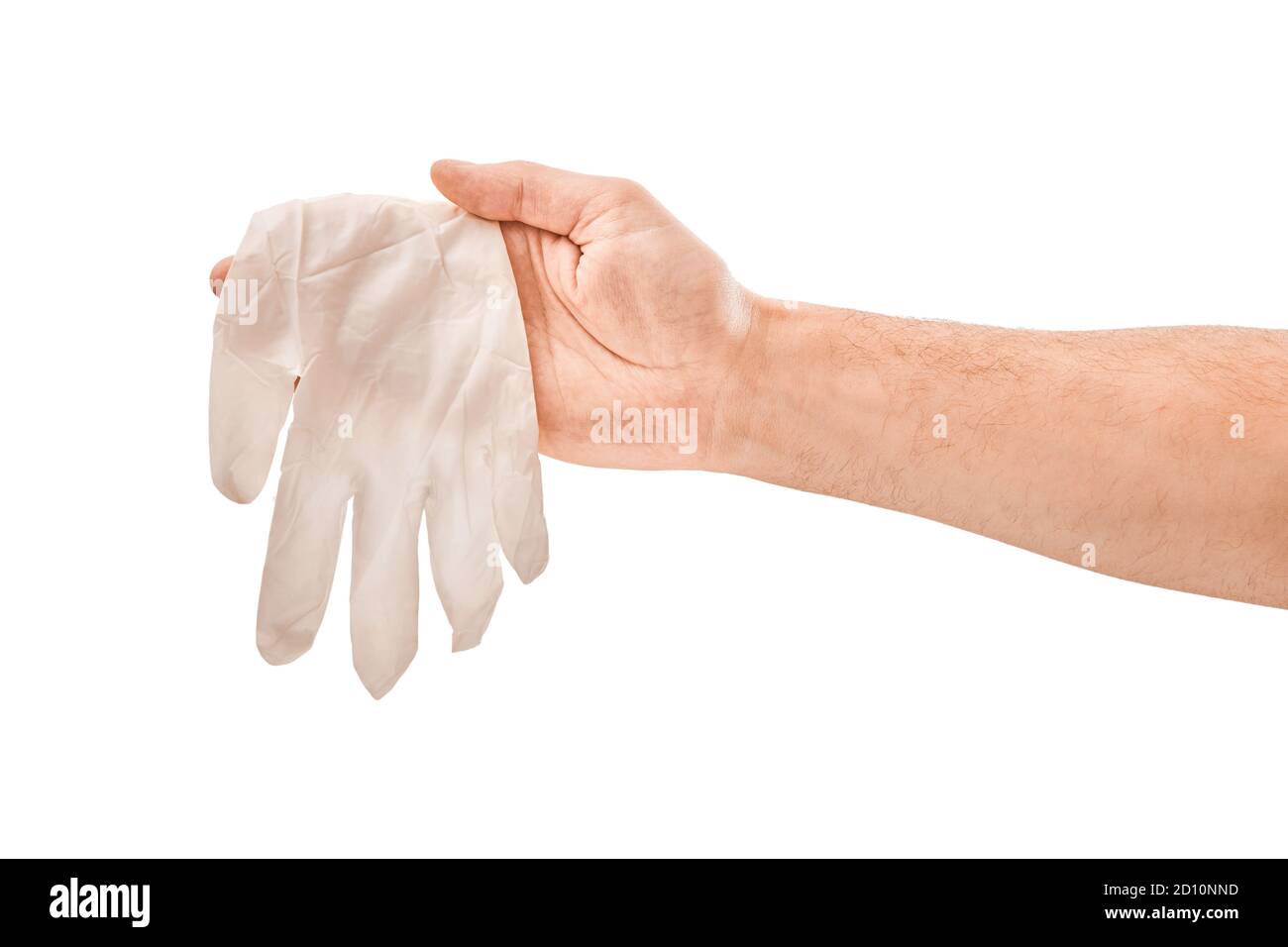 Mano maschile in guanto medico bianco isolato su sfondo bianco Foto Stock