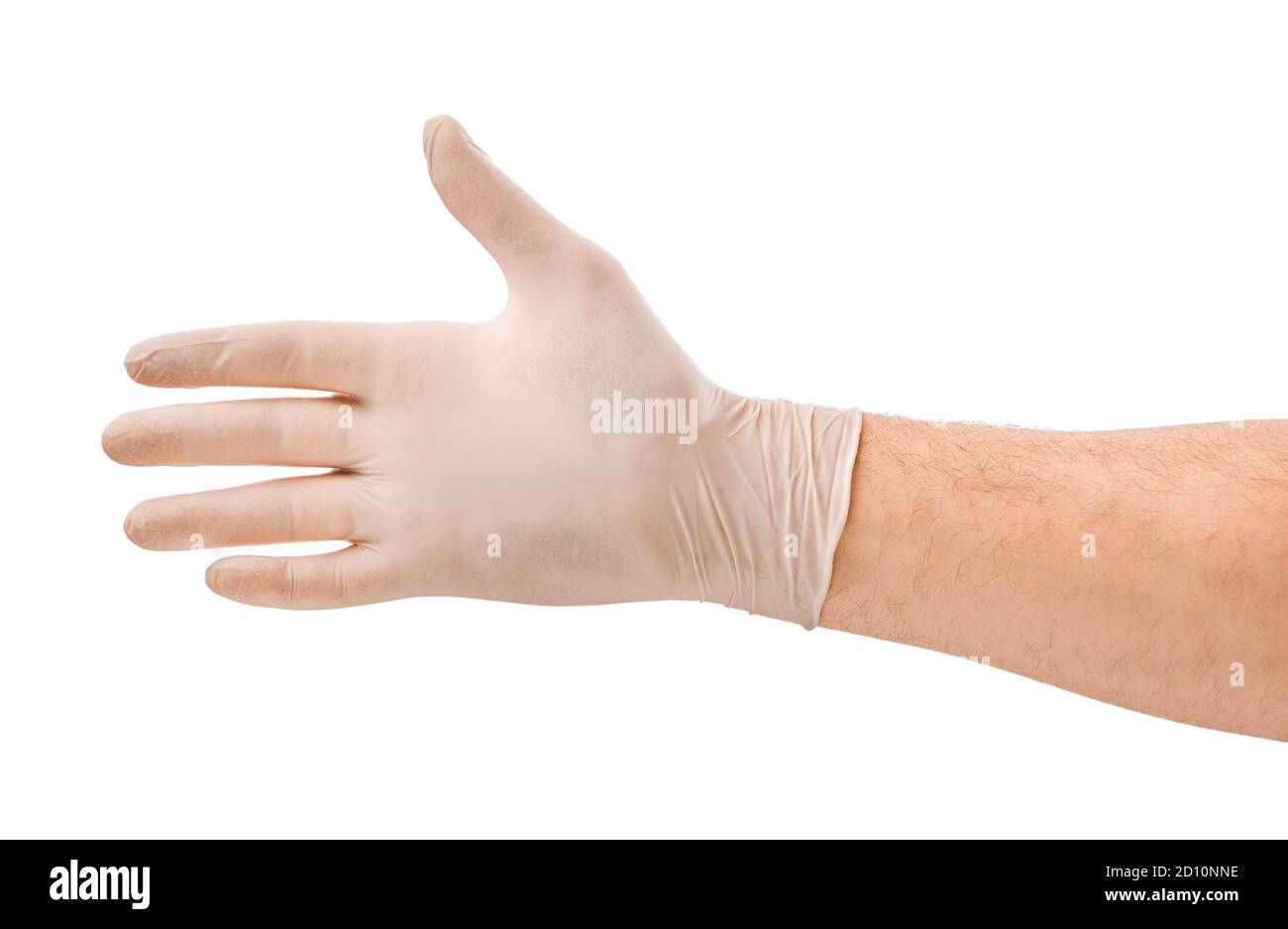 Mano maschile in guanto medico bianco isolato su sfondo bianco Foto Stock