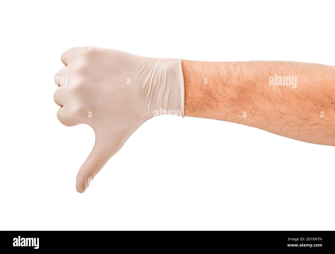 Mano maschile in guanto medico bianco isolato su sfondo bianco Foto Stock