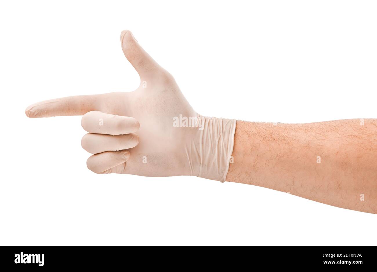 Mano maschile in guanto medico bianco isolato su sfondo bianco Foto Stock