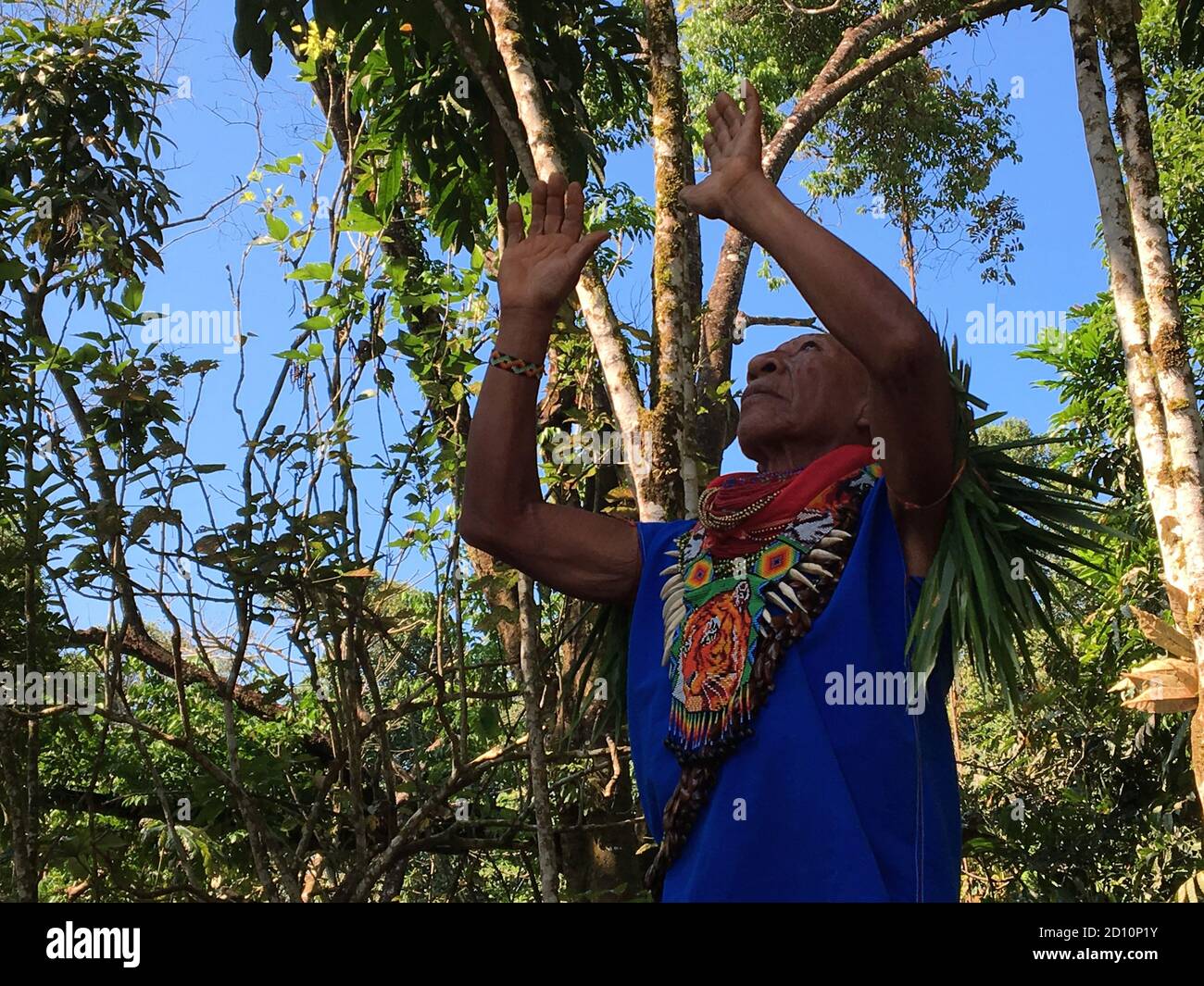 Nueva Loja, Sucumbios / Ecuador - 2 settembre 2020: Sciamano indigeno anziano di nazionalità Cofan che esegue un rituale di guarigione con le braccia sollevate Foto Stock