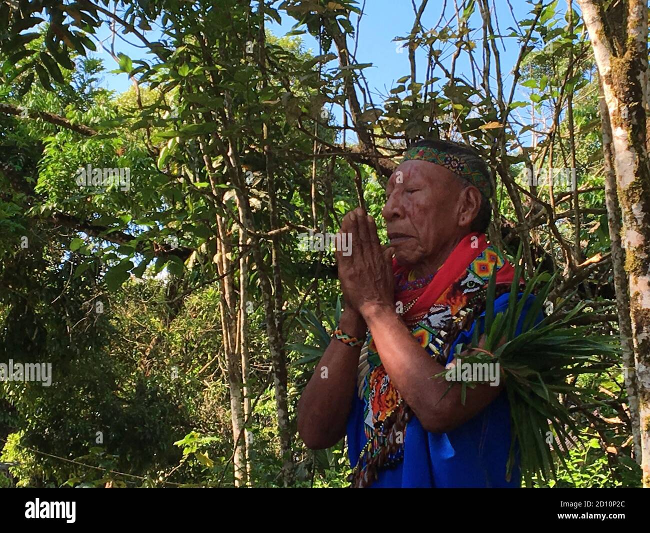 Nueva Loja, Sucumbios / Ecuador - 2 settembre 2020: Sciamano indigeno anziano di nazionalità Cofan che prega con le mani unite e gli occhi chiusi nel Th Foto Stock