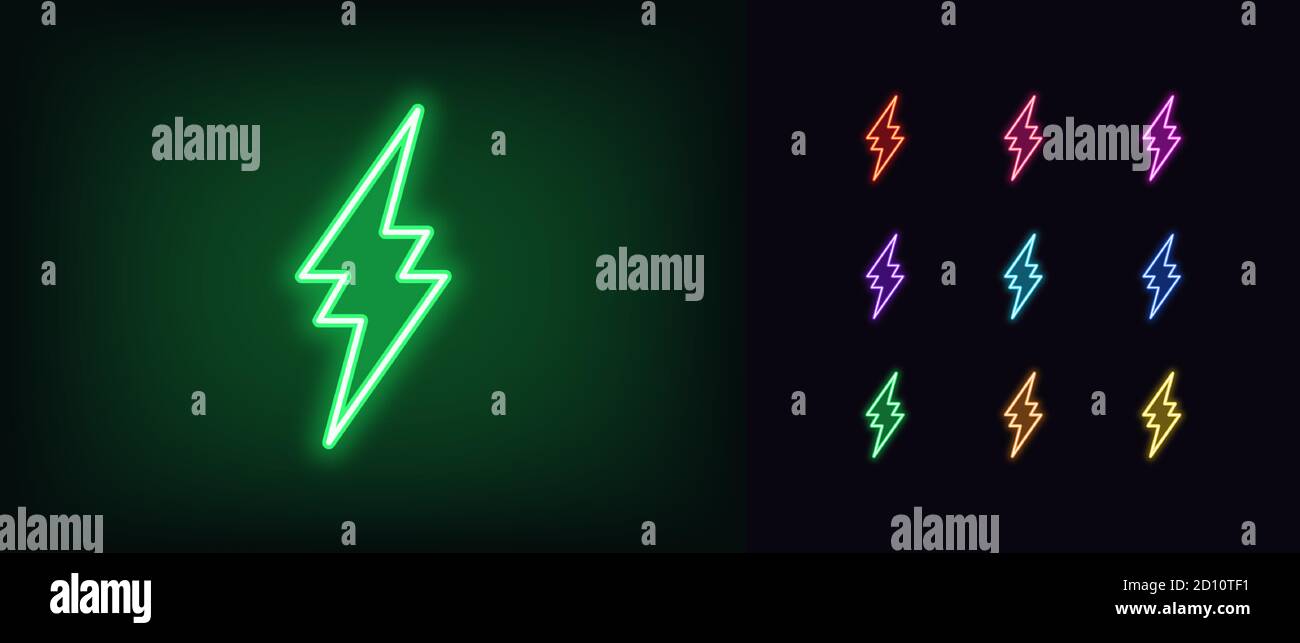 Icona thunderbolt al neon. Fulmine al neon incandescente, tempesta elettrica in colori vivaci. Flash elettrico luminoso, potenza elettrica, alta tensione. Set di icone, s Illustrazione Vettoriale