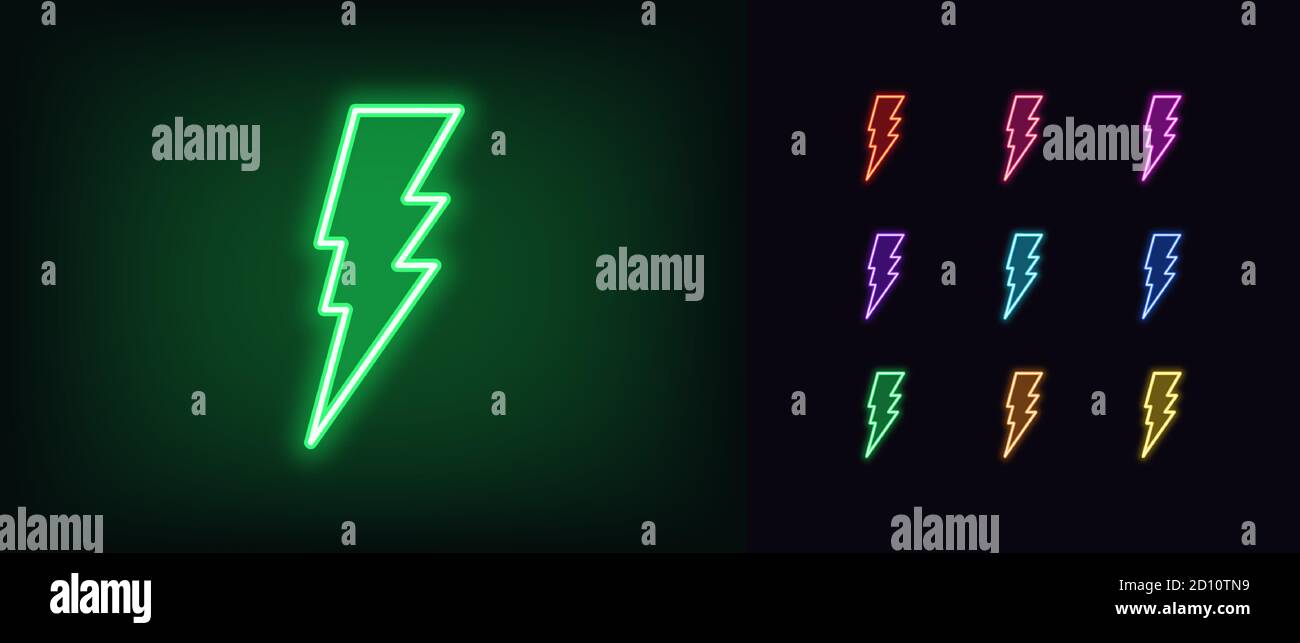 Icona del fulmine al neon. Simbolo lampeggiante di tuono al neon incandescente, scarica elettrica in colori vivaci. thunderbolt luminoso, tempesta elettrica, alta tensione. ICO Illustrazione Vettoriale